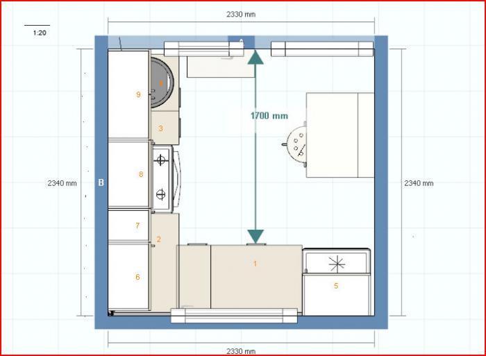 План кухни с размерами 6 м2