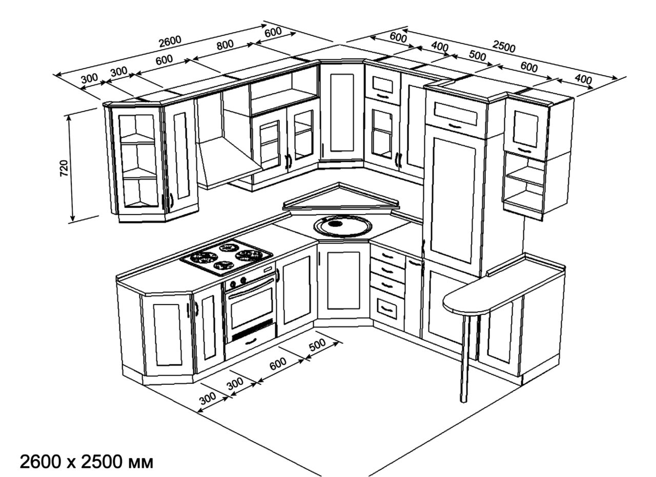 проект кухни с барной стойкой с размерами