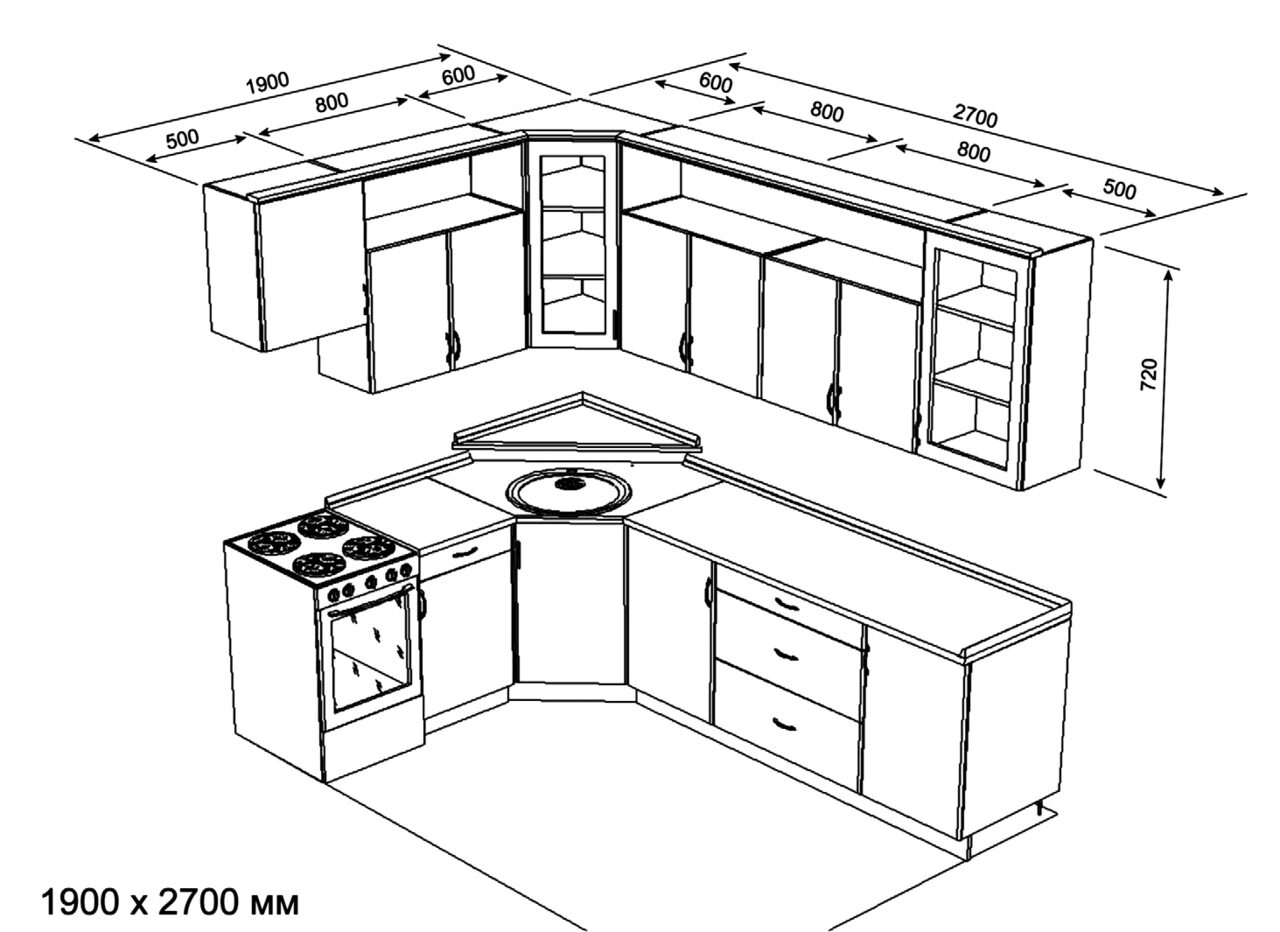 Угловая кухня размеры чертежи