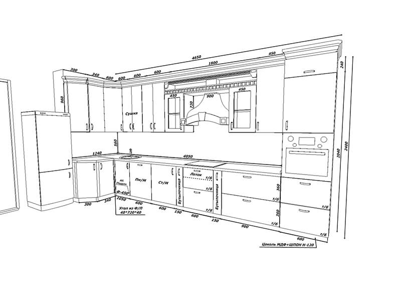 Проект кухни угловой с размерами с двухуровневыми шкафами