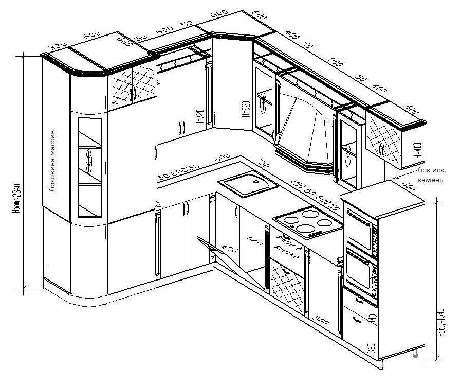 Угловой кухонный гарнитур схема с размерами