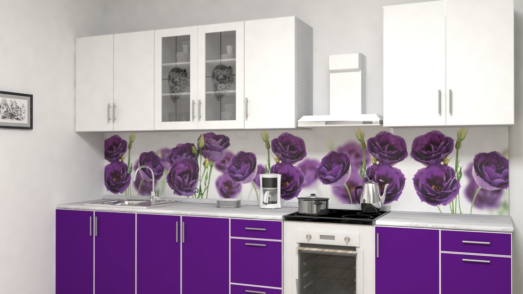 Стеновая панель для цветов. Фартук для фиолетовой кухни. Панели для кухни. Кухни с фотопечатью. Стеновые панели для кухни.